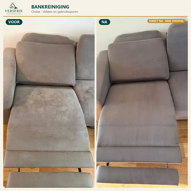 Grijze chaise met vlekken en gebruikssporen voor en direct na professionele bankreiniging