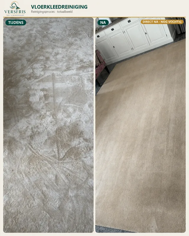 Groot beige vloerkleed voor en direct na professionele reiniging door Versfris