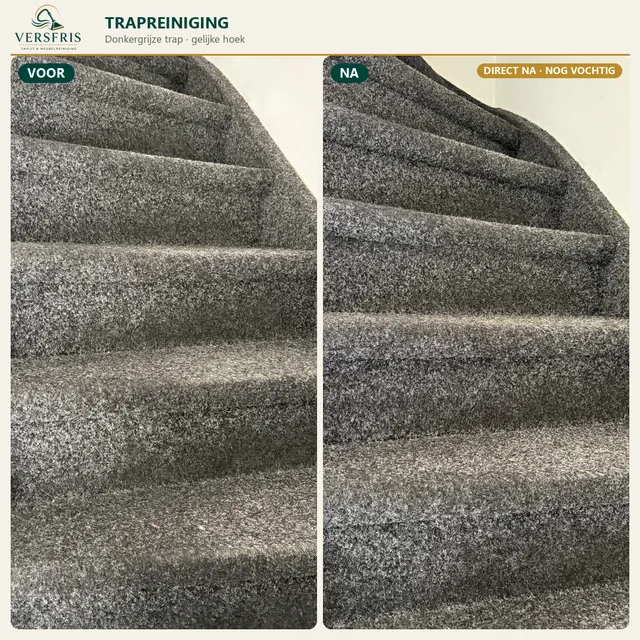 Donkergrijze trapbekleding vanuit dezelfde hoek voor en direct na reiniging