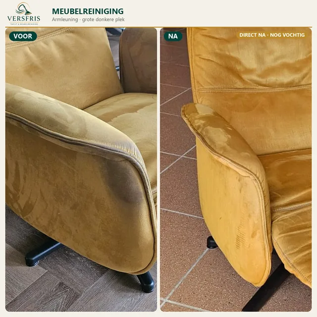 Gele relaxfauteuil met donkere plek op de armleuning voor en direct na reiniging
