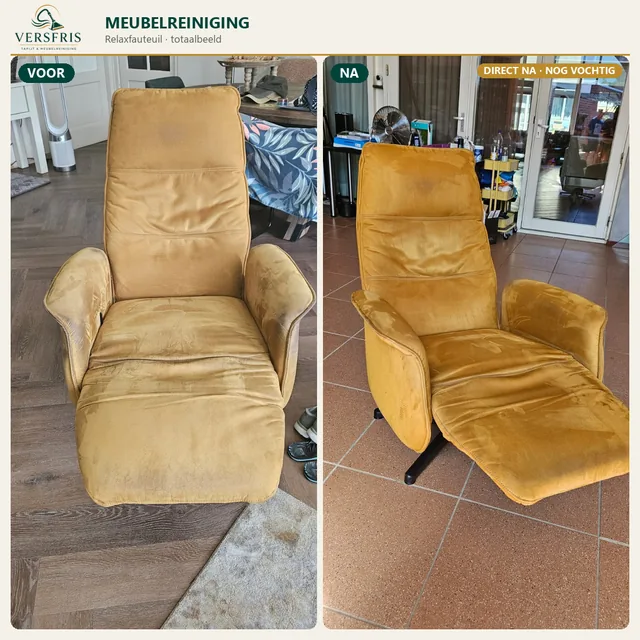 Gele relaxfauteuil volledig in beeld voor en direct na professionele meubelreiniging door Versfris