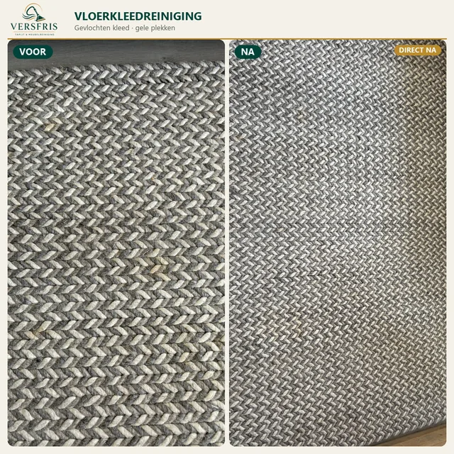 Gevlochten vloerkleed met gele plekken voor en direct na reiniging