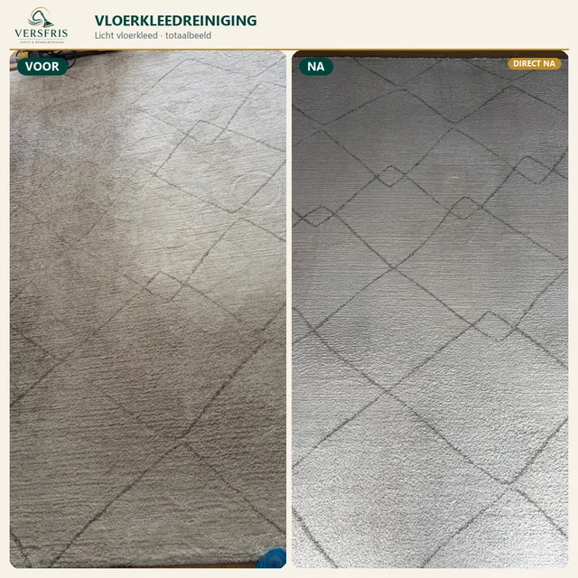 Licht vloerkleed vóór en direct na professionele dieptereiniging door Versfris