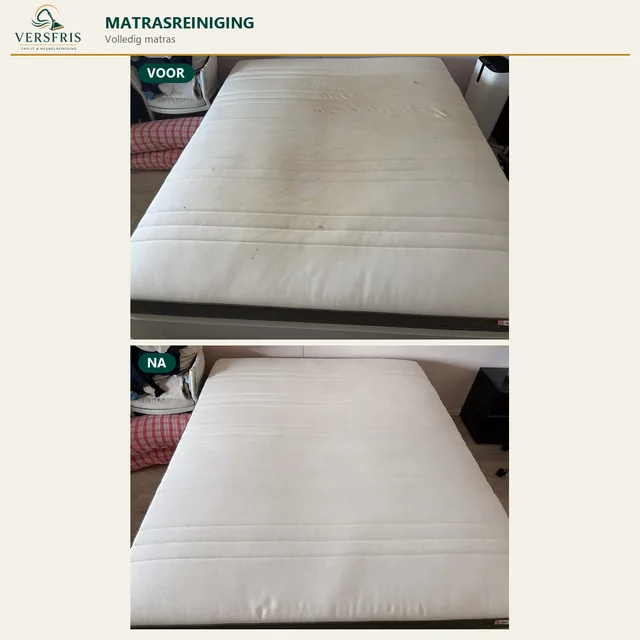 Wit matras voor en na professionele matrasreiniging door Versfris