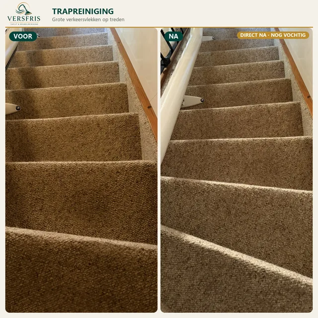 Beige trapbekleding met donkere loopsporen voor en direct na professionele reiniging