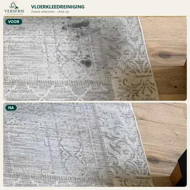 Licht patchwork vloerkleed met zwarte vlekken voor en na reiniging
