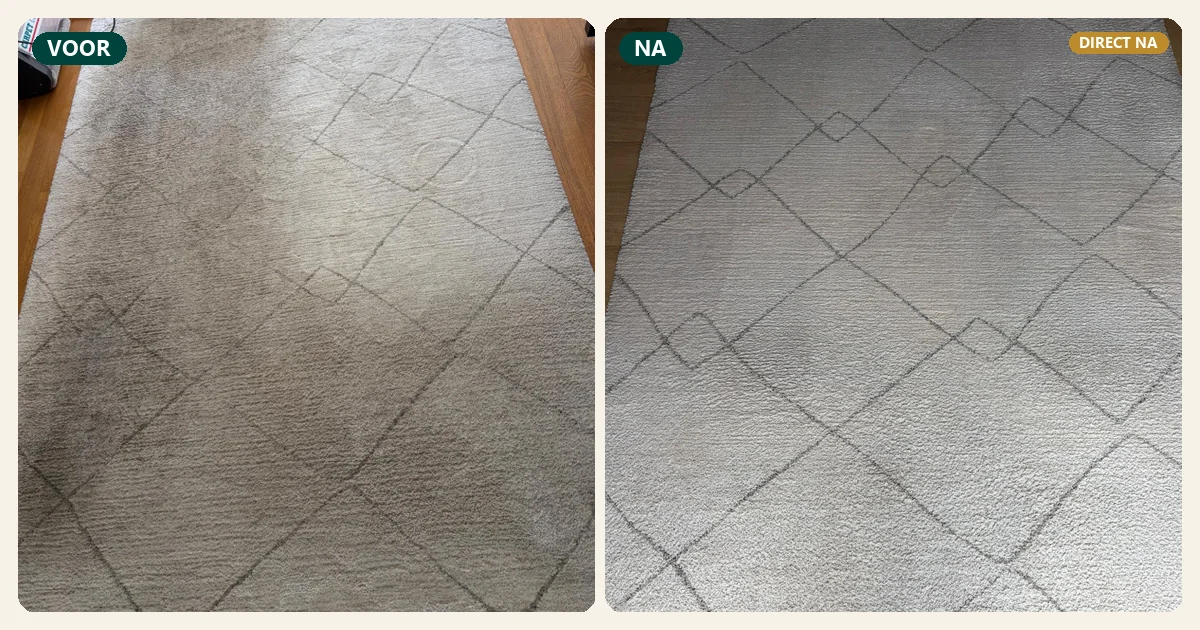 Licht vloerkleed voor en direct na professionele dieptereiniging